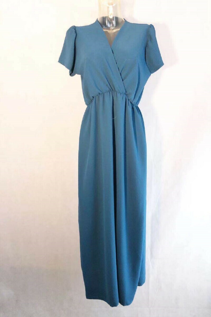 Women's long wrap dress fitted at the waist