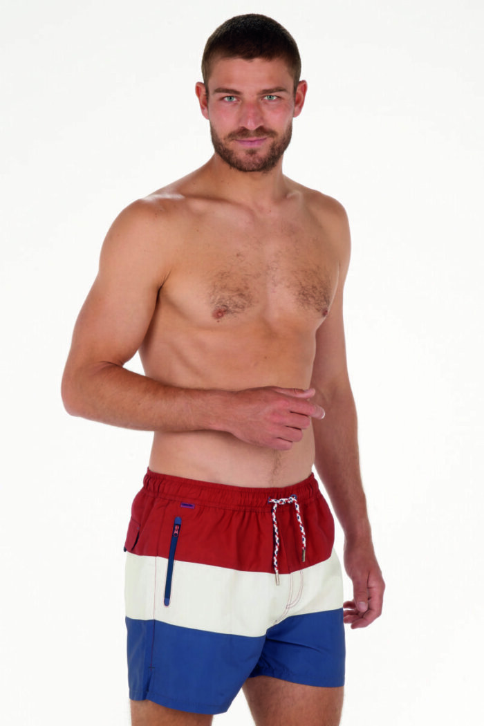 Tricolor swim shorts, zip pockets